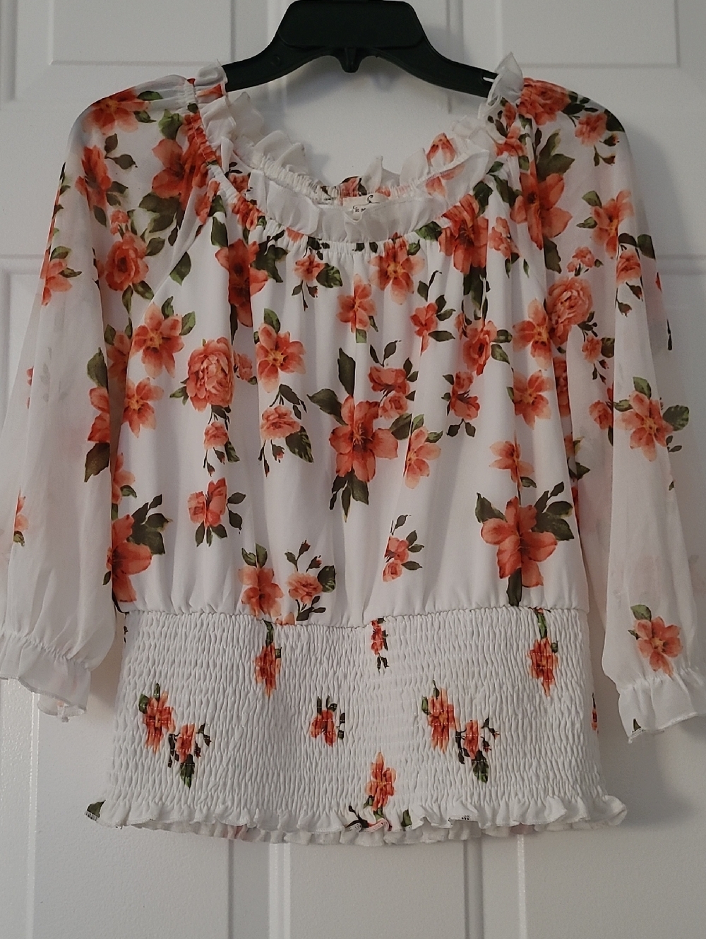 Ember Floral Smocked Waist Peasant Top - White with Orange Floral